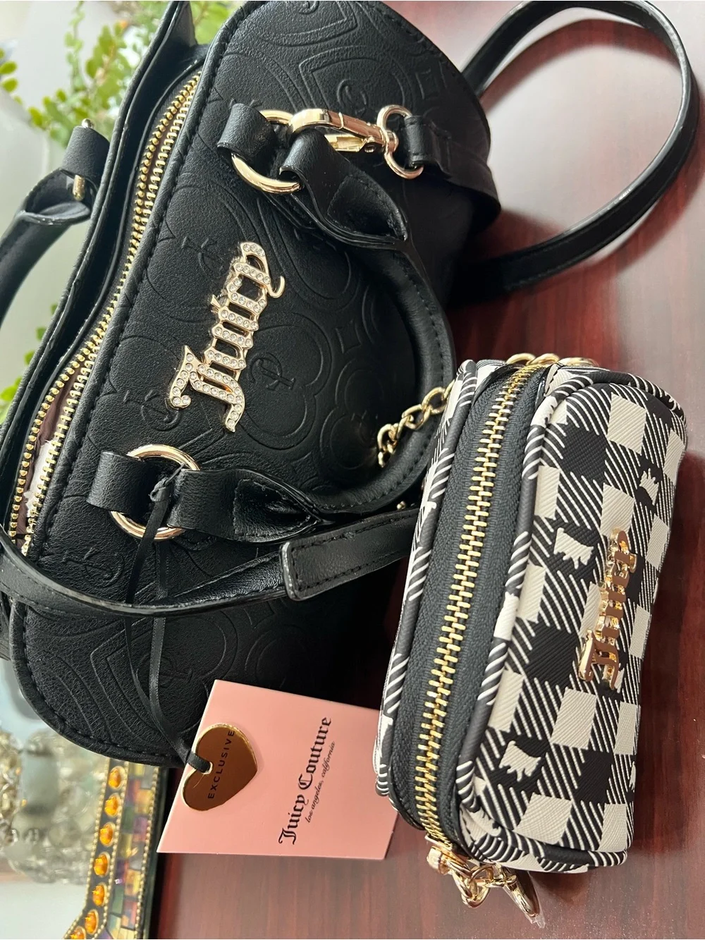 Juicy Couture Black Embossed Logo Satchel with Gold-Tone Accents